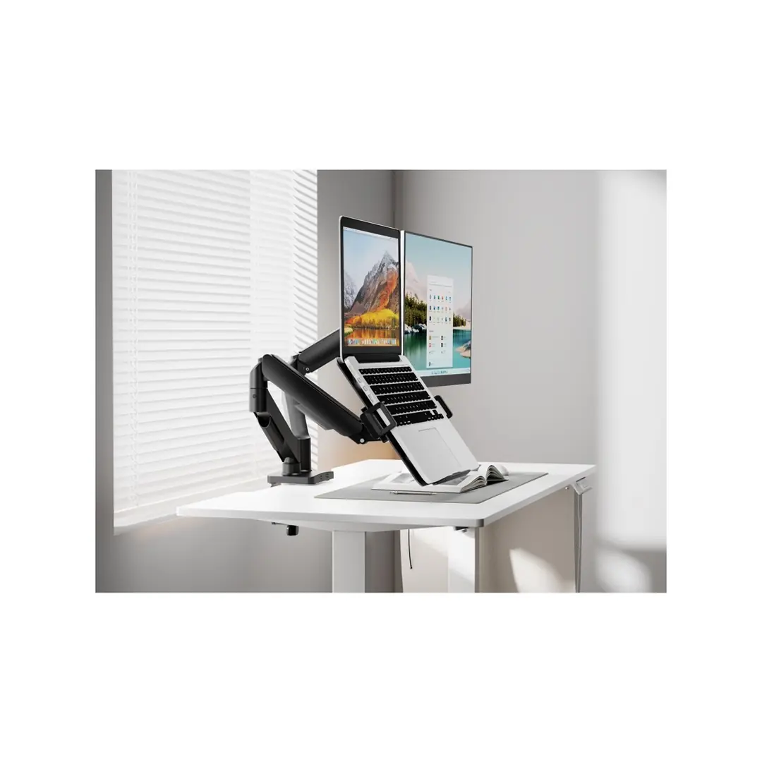 Ürün görseli: Çift Kollu Monitör Kolu + Laptop Tutucu Set · Siyah